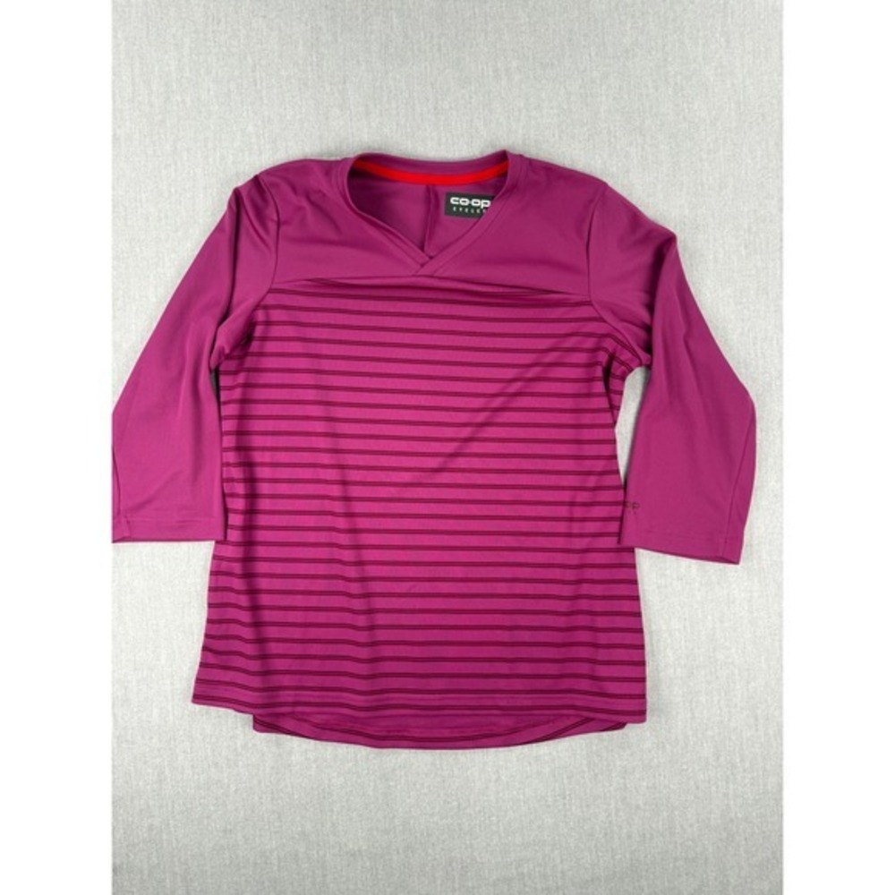 REI Co-op Cycles Womens Magenta Striped 3/4 Sleeve Cycling Jersey Large‎ V-Neck